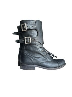 AllSaints Spitalfields Jacks Place Black Leather Combat Boots Buckles EU 38